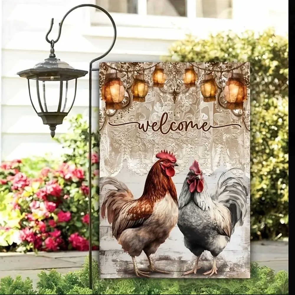 Welcome Rooster and Hen Garden Flag 12 x 18